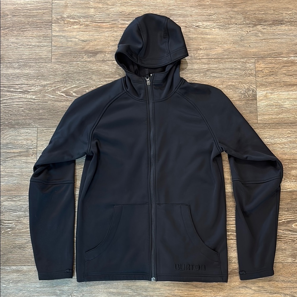 Burton Men's Size Small Hoodie Jacket Full Zip Black on Black Logo Hidden Pocket